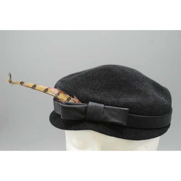 Unbranded Accessories - Vintage Black Wool Felt Pillbox Hat with Bow and Feather Accent 21 Inch